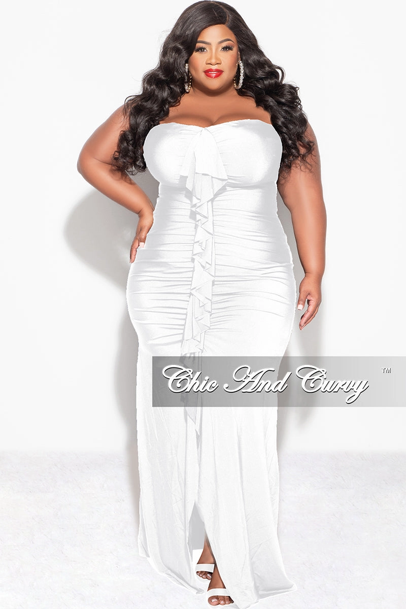 Final Sale Plus Size Sleeveless Maxi Gown With Center Ruching with Ruffle in White Rugged Wear Flexible Fabric