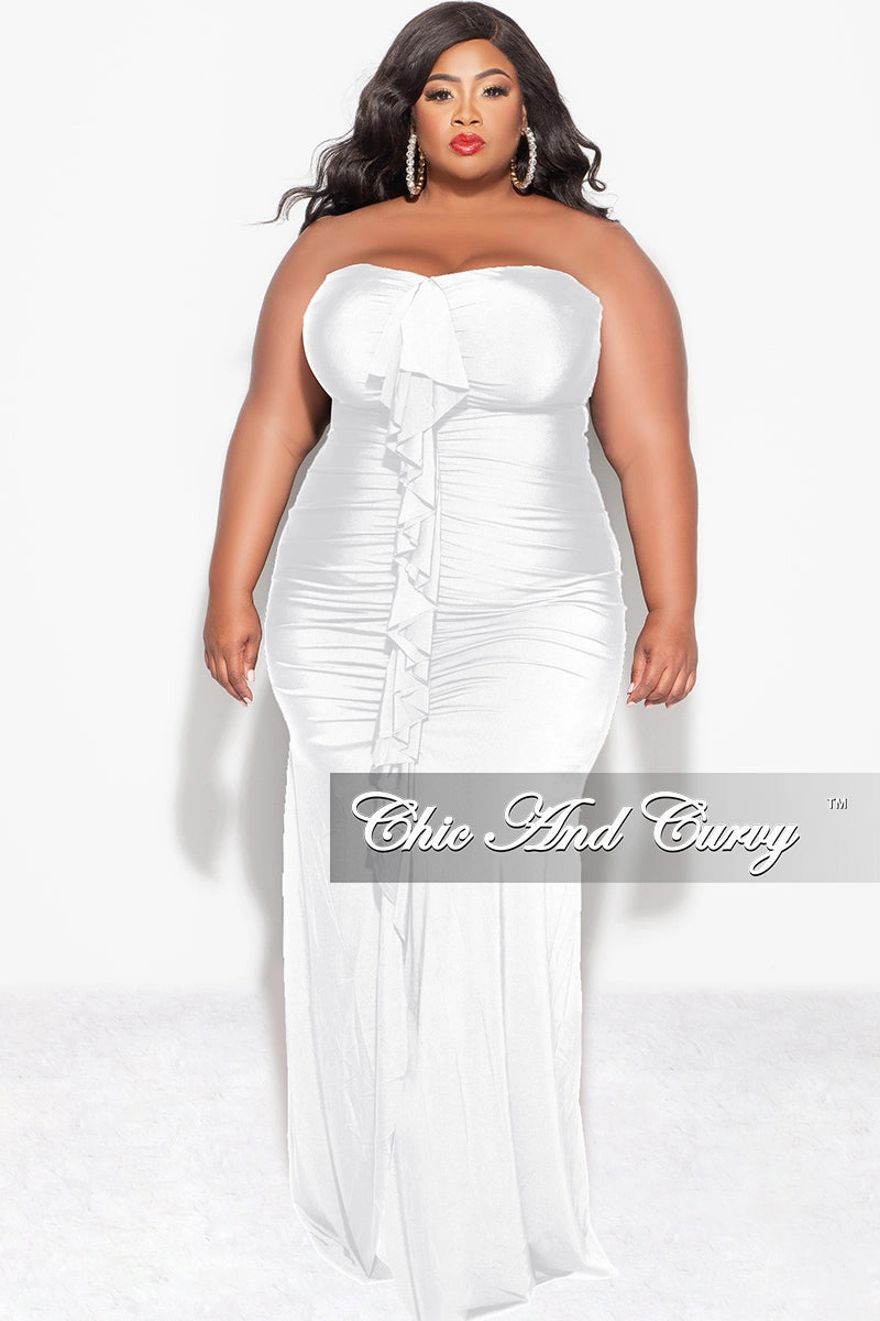 FlexFoamPadding Sporty Style Final Sale Plus Size Sleeveless Maxi Gown With Center Ruching with Ruffle in White