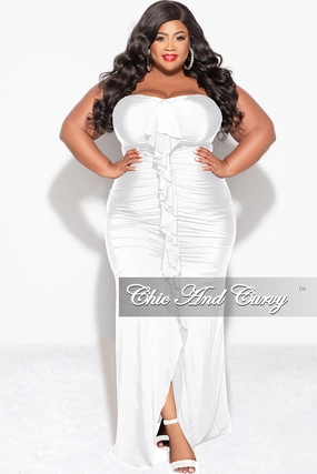 Crisp Design Final Sale Plus Size Sleeveless Maxi Gown With Center Ruching with Ruffle in White