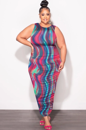 Flexible Fit Tough Build Final Sale Plus Size Sleeveless Ruched Dress In Multi Color Print