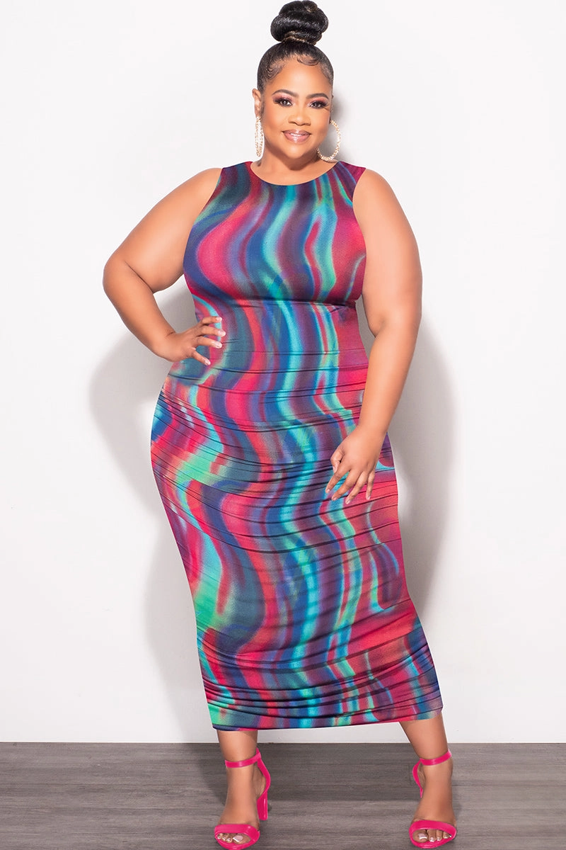 Final Sale Plus Size Sleeveless Ruched Dress In Multi Color Print Utility Pockets