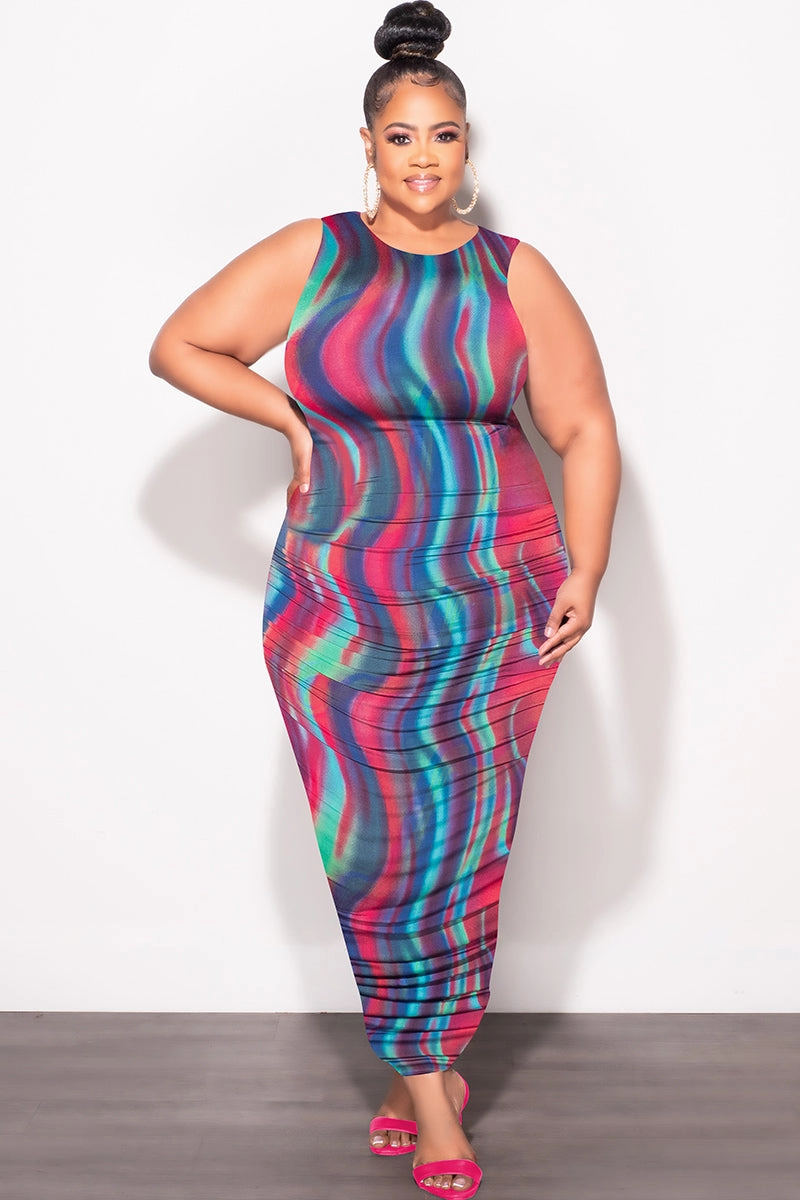 Flexible Fit Tough Build Final Sale Plus Size Sleeveless Ruched Dress In Multi Color Print