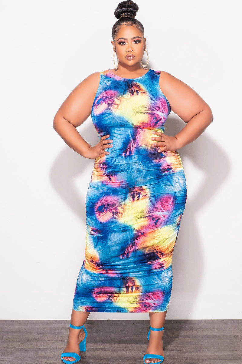 StretchWaistband Casual Chic Look Final Sale Plus Size Sleeveless Ruched Dress In Multi Color Print