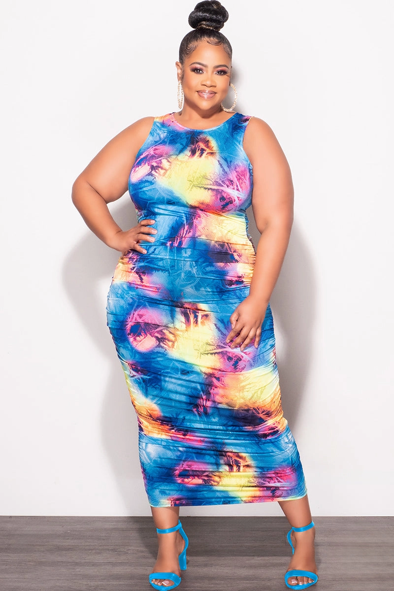 Soft Material Ergonomic Cut Final Sale Plus Size Sleeveless Ruched Dress In Multi Color Print