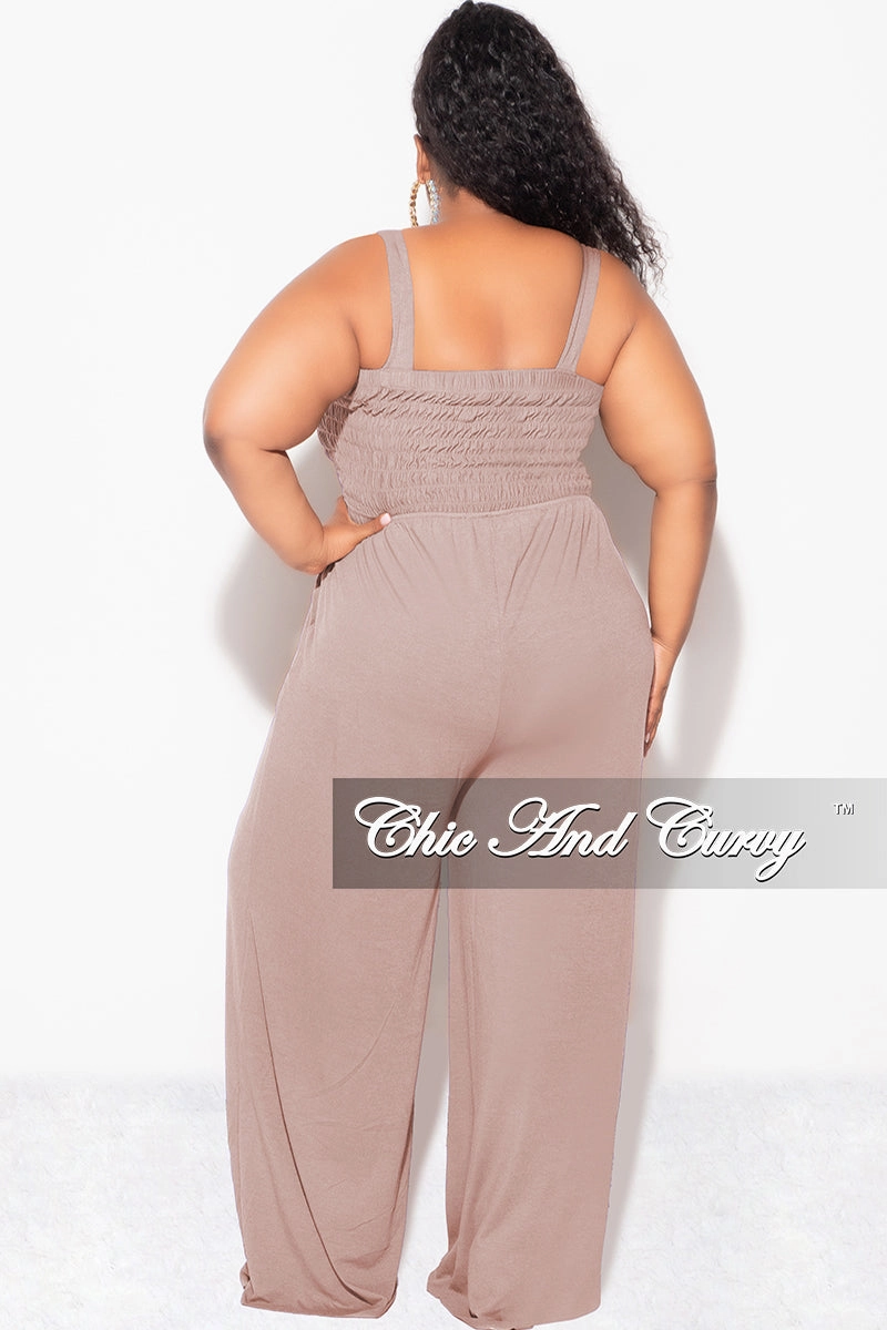 Final Sale Plus Size Sleeveless Shirred Jumpsuit in Ash Mocha DoubleLayeredKnees