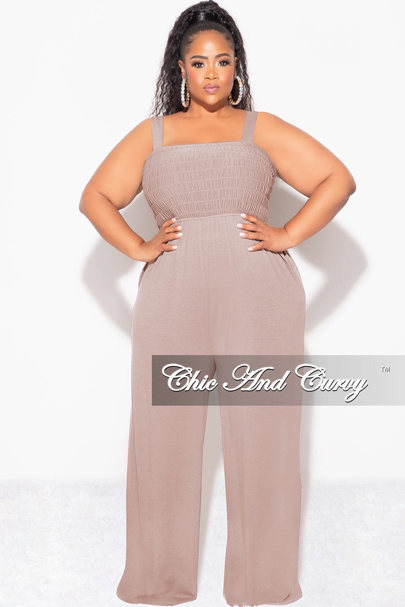 Final Sale Plus Size Sleeveless Shirred Jumpsuit in Ash Mocha Soft Stretch