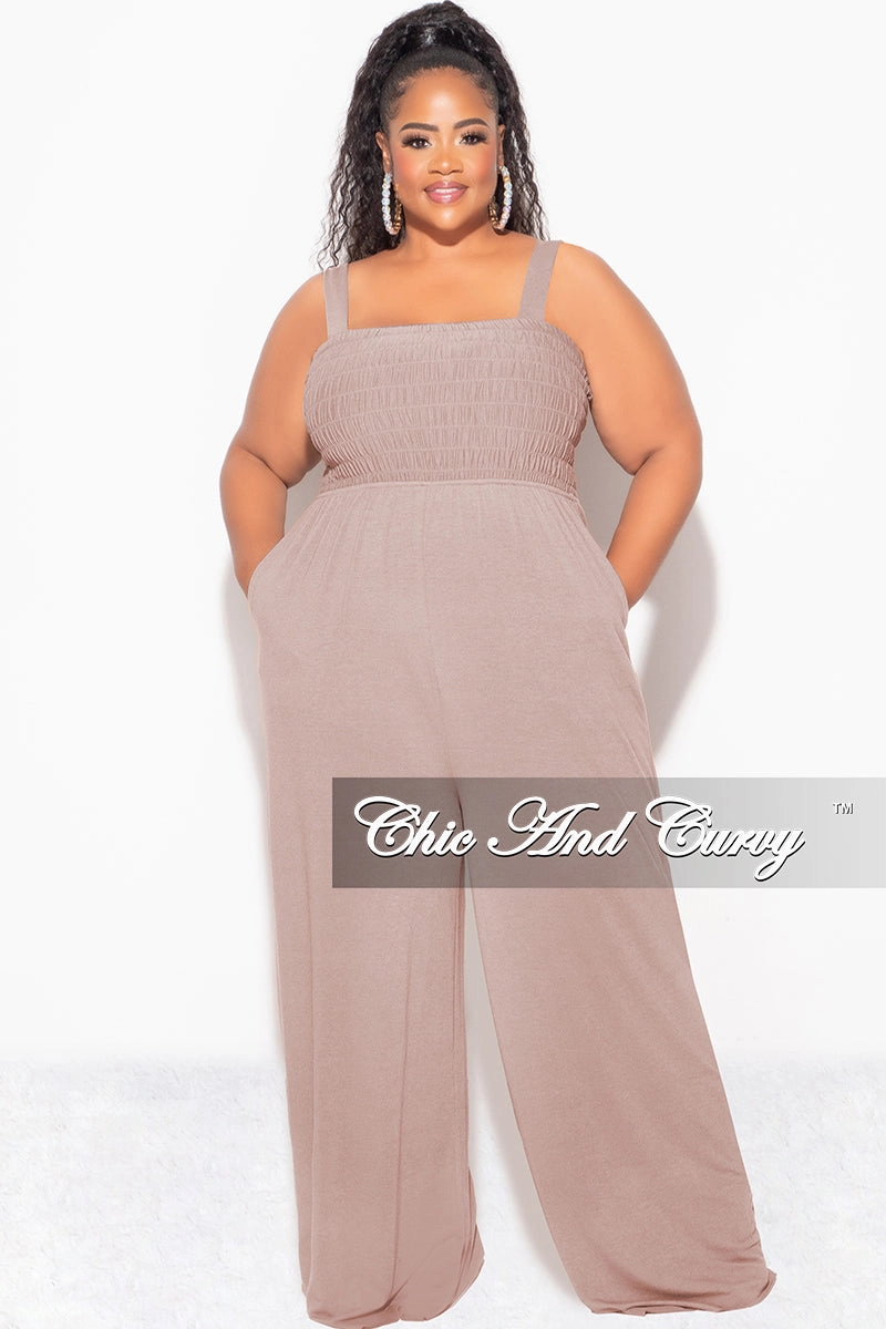 Final Sale Plus Size Sleeveless Shirred Jumpsuit in Ash Mocha Chill Comfort Light support