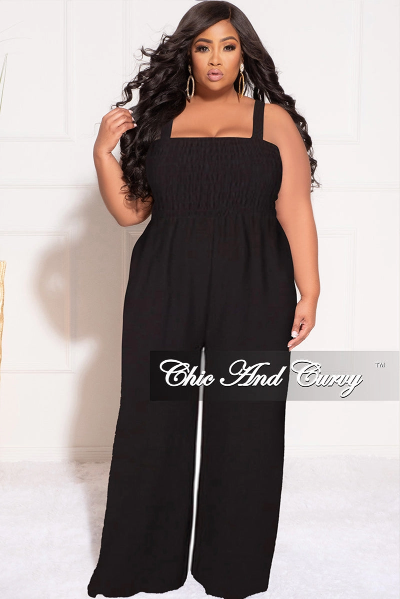 Final Sale Plus Size Sleeveless Shirred Jumpsuit in Black Lightweight Wear Polyester fabric