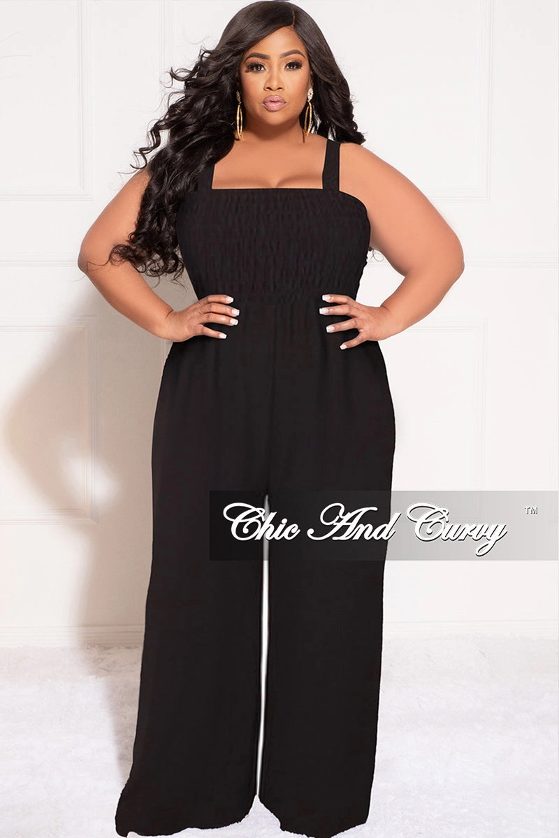 Quick Release Buckle Static free Final Sale Plus Size Sleeveless Shirred Jumpsuit in Black