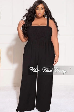 Final Sale Plus Size Sleeveless Shirred Jumpsuit in Black Lightweight Wear Polyester fabric