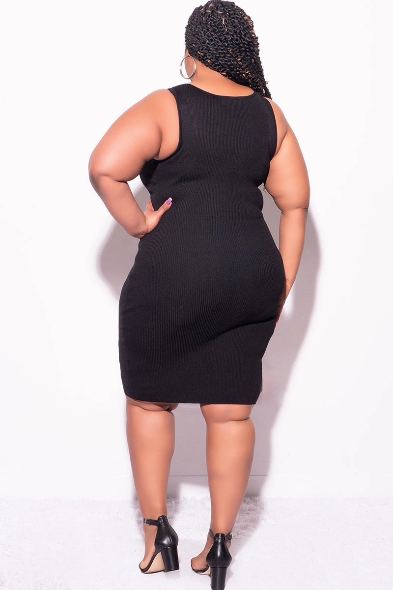 DurableConstruction Relax Mode Final Sale Plus Size Sleeveless Tank Ribbed Bodycon Dress Lace Up Detail in Black
