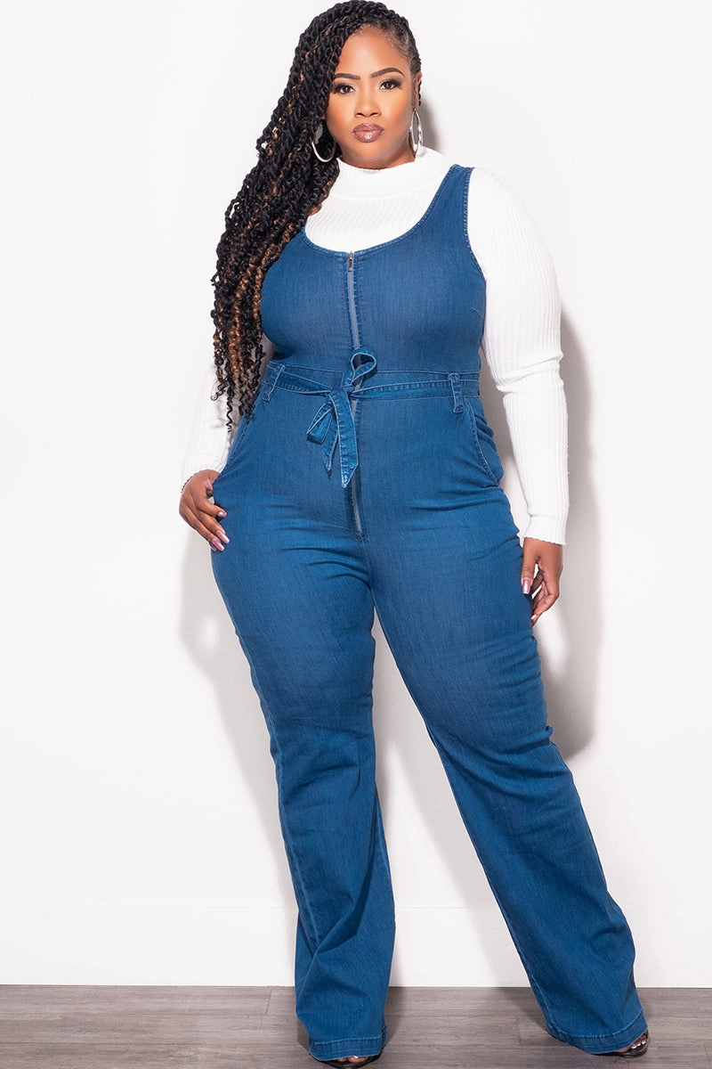 Final Sale Plus Size Sleeveless Zip-Up Jumpsuit with Attached Tie in Dark Denim Flex Wear Design