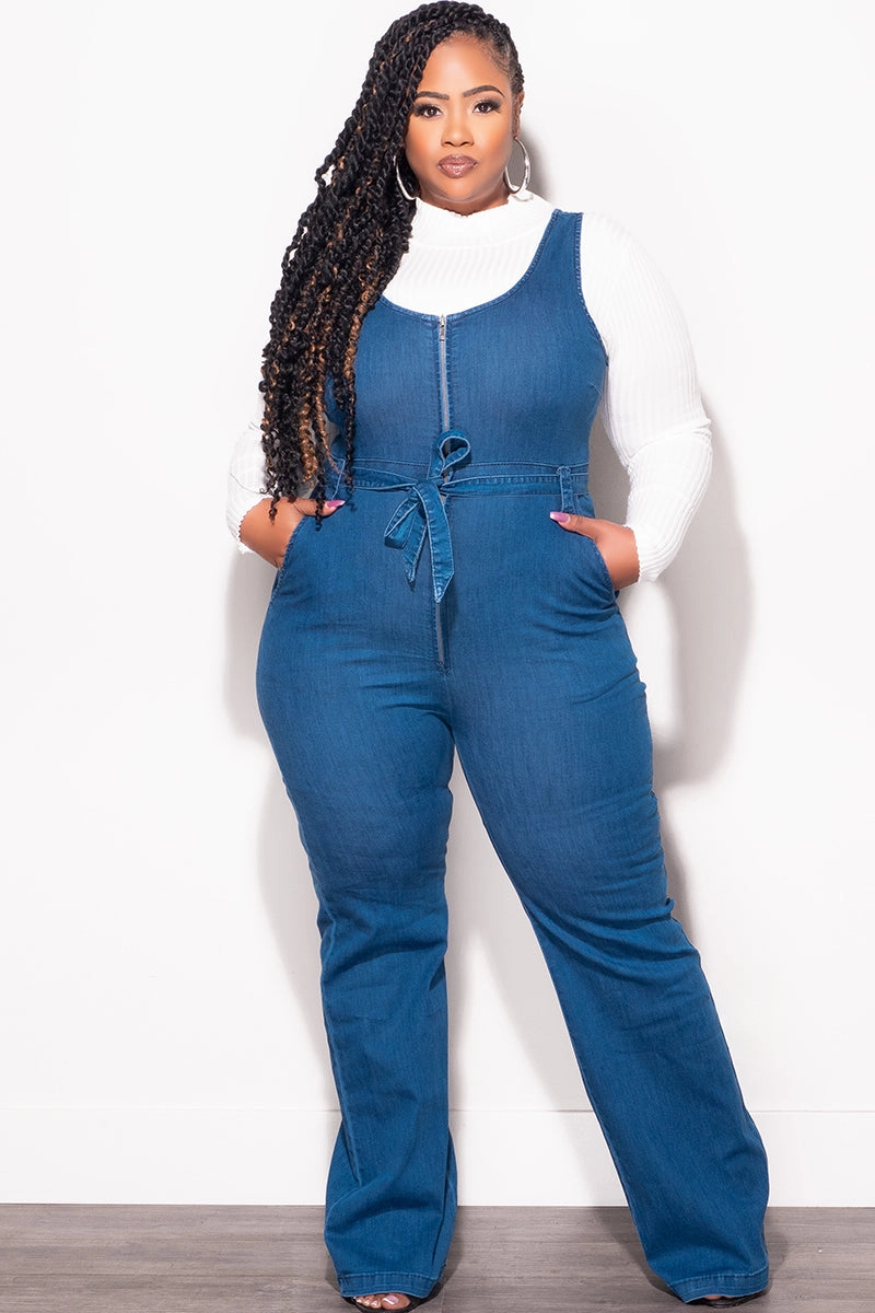 Heat Control Final Sale Plus Size Sleeveless Zip-Up Jumpsuit with Attached Tie in Dark Denim