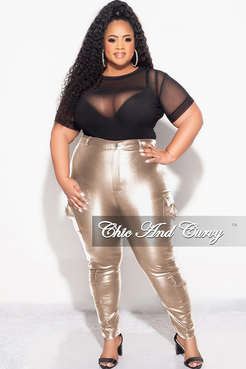 Stain Resistant Stretch Support Fit Final Sale Plus Size Slim Cargo Pants in Metallic Gold