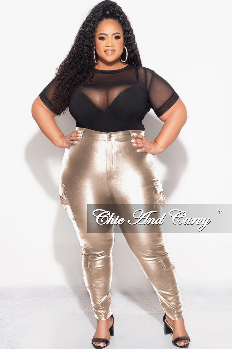 Final Sale Plus Size Slim Cargo Pants in Metallic Gold Flexible Movement Quick Pack