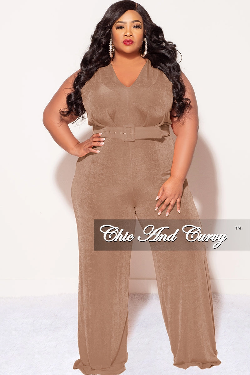 Stylish Cut Double Stitched Seams Final Sale Plus Size Slinky Deep V Neck Jumpsuit with Belt in Brown