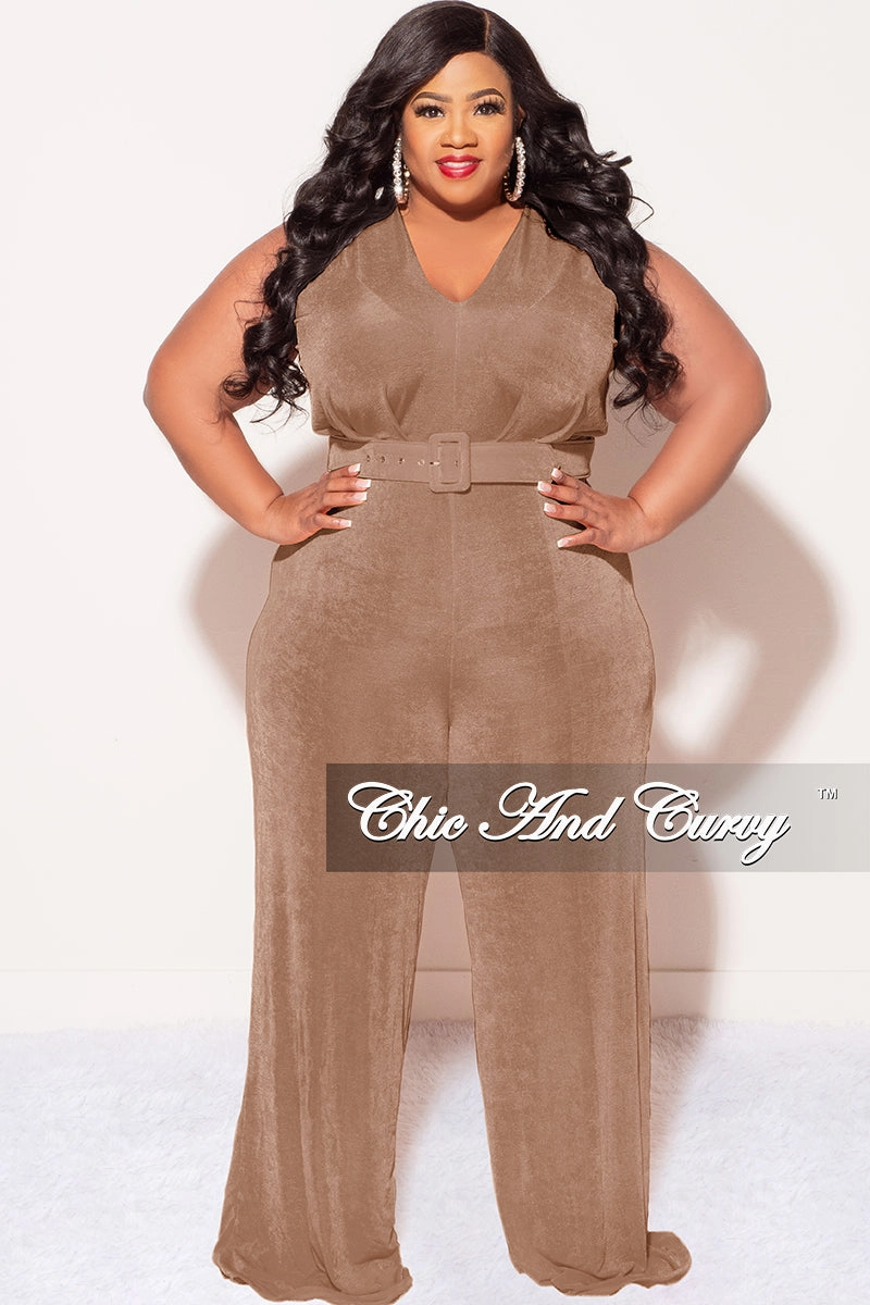 Functional fashion wear Final Sale Plus Size Slinky Deep V Neck Jumpsuit with Belt in Brown