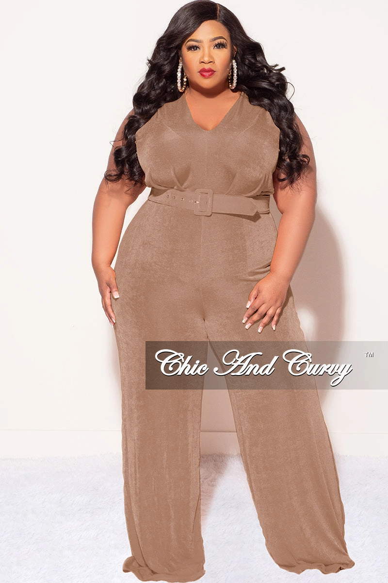 Quick Drying Final Sale Plus Size Slinky Deep V Neck Jumpsuit with Belt in Brown