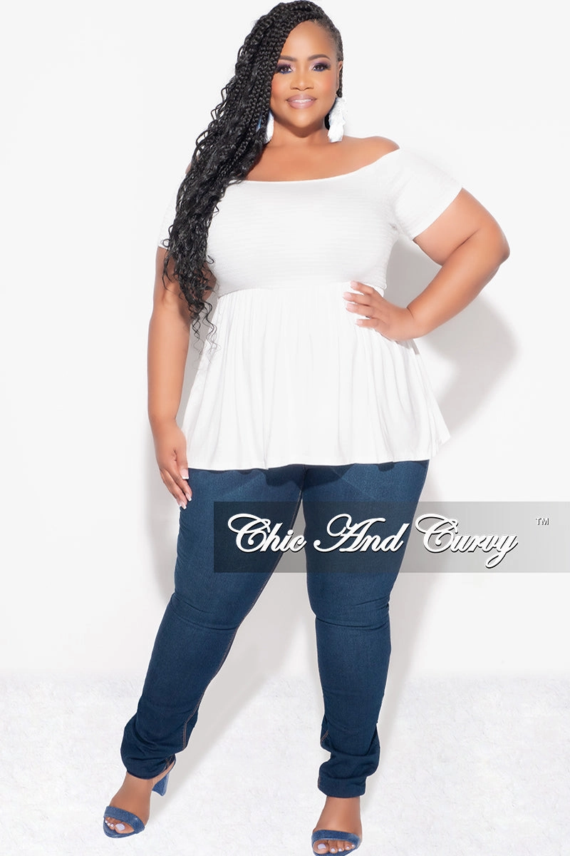 Final Sale Plus Size Smocked BabyDoll Top in White Comfy Look Quick Adjust Fit