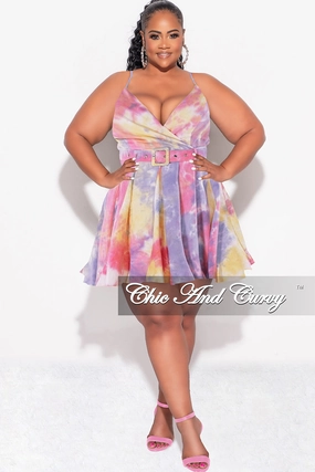 Final Sale Plus Size Spaghetti Strap Babydoll Dress in Pink, Yellow, & Purple Tie Dye Durable Fit