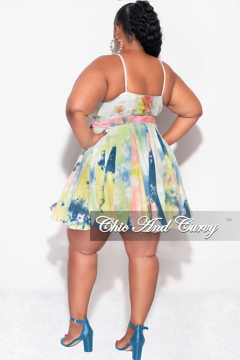 Final Sale Plus Size Spaghetti Strap Babydoll Dress in Teal/Yellow Tie Dye Outdoor Use