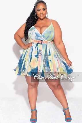 Final Sale Plus Size Spaghetti Strap Babydoll Dress in Teal/Yellow Tie Dye Flexible Knee Articulation
