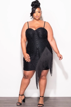 Final Sale Plus Size Spaghetti Strap BodyCon Dress with Side Fringe in Black Minimal Waistband Flexible Material