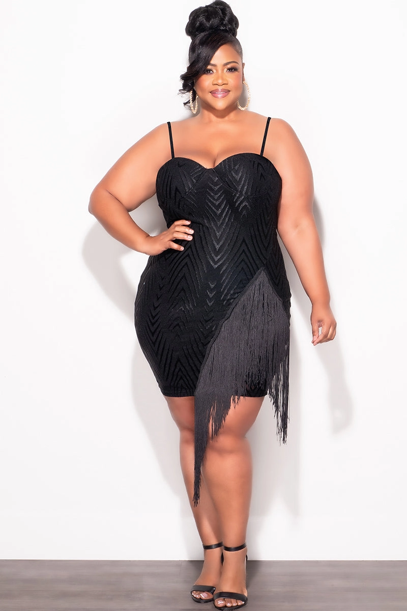 Final Sale Plus Size Spaghetti Strap BodyCon Dress with Side Fringe in Black TouchscreenCompatiblePockets Neutral Look