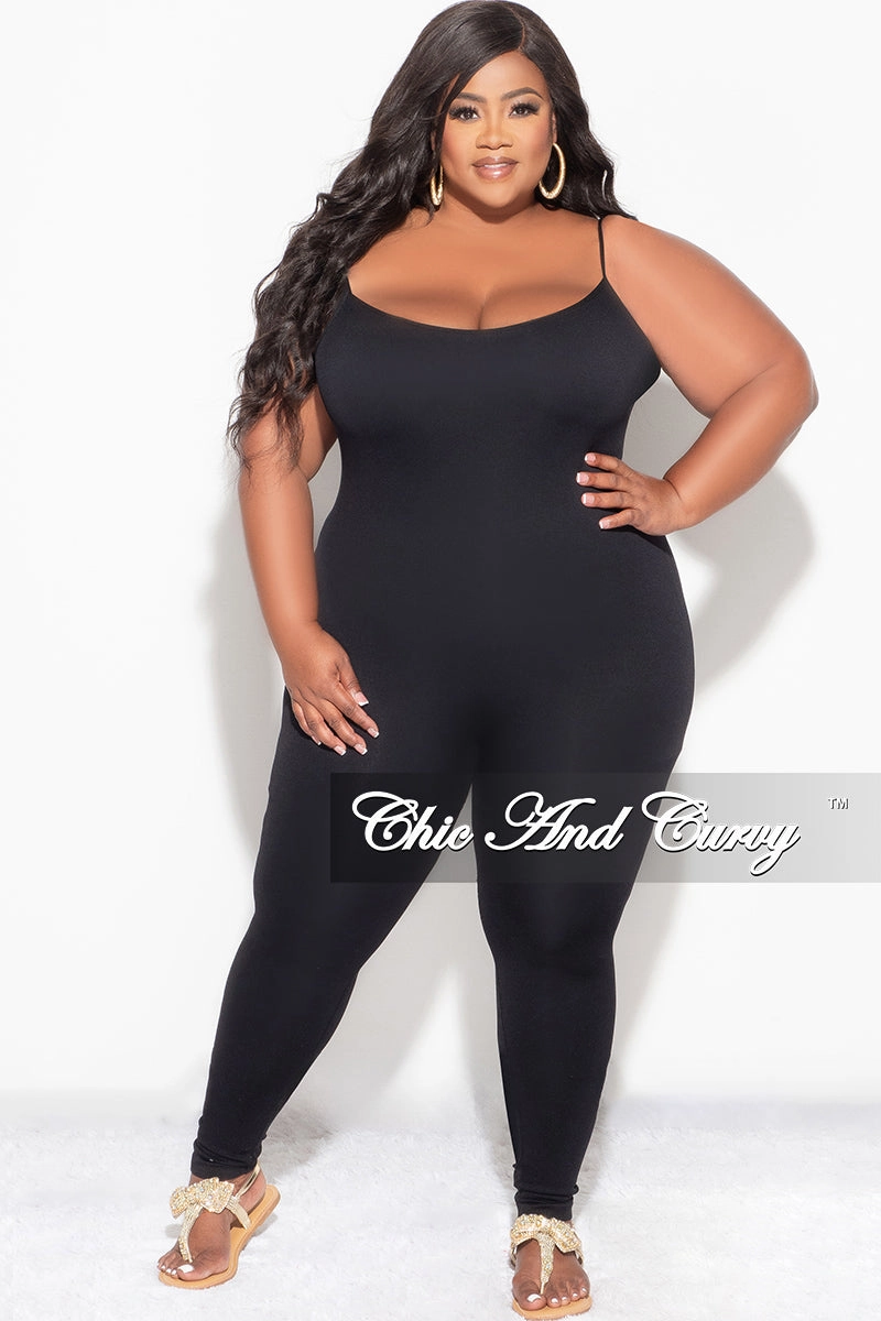 Fitted Style Final Sale Plus Size Spaghetti Strap Catsuit Unitard in Black