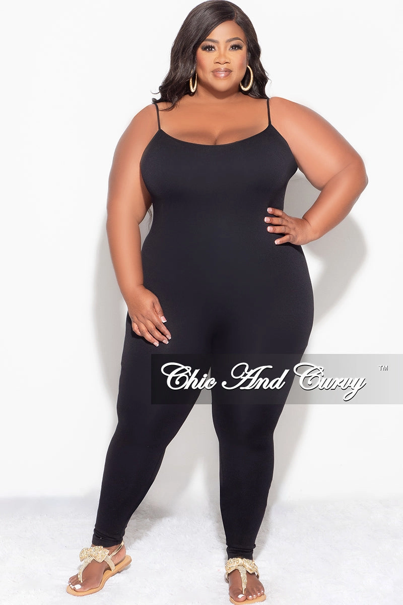 AntiSlipWaistband Final Sale Plus Size Spaghetti Strap Catsuit Unitard in Black
