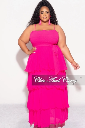 Final Sale Plus Size Spaghetti Strap Chiffon Frill Ruffle Dress in Fuchsia Flex Fit Design
