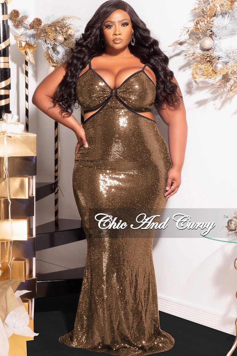 Day Ready Final Sale Plus Size Spaghetti Strap Faux Sequin Gown with Cut Outs in Gold