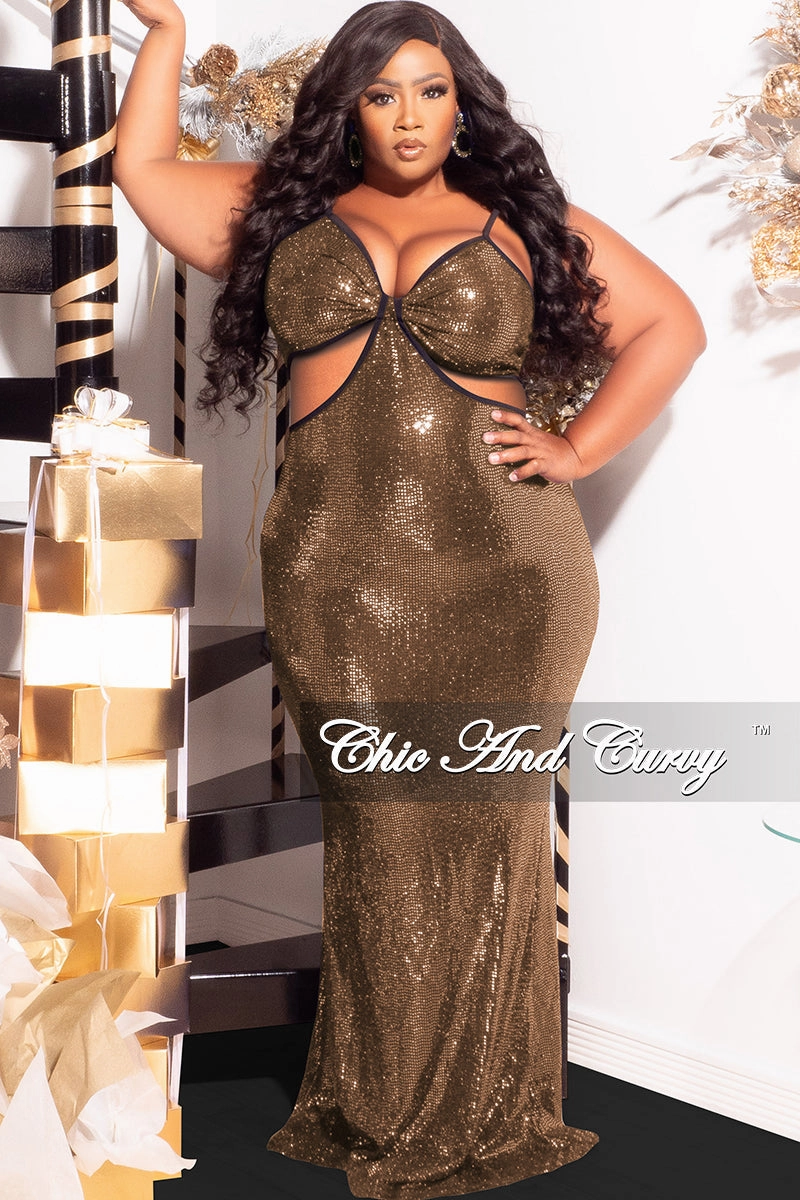 No Ride Final Sale Plus Size Spaghetti Strap Faux Sequin Gown with Cut Outs in Gold