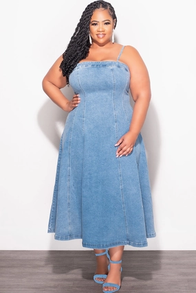 Workwear Final Sale Plus Size Spaghetti Strap Flare Dress in Denim