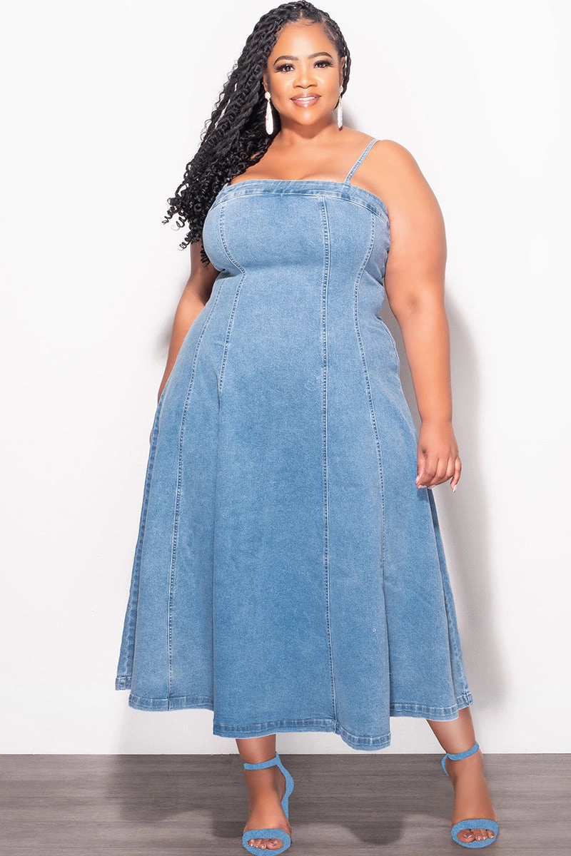 Active Appeal Slimline Fit Final Sale Plus Size Spaghetti Strap Flare Dress in Denim