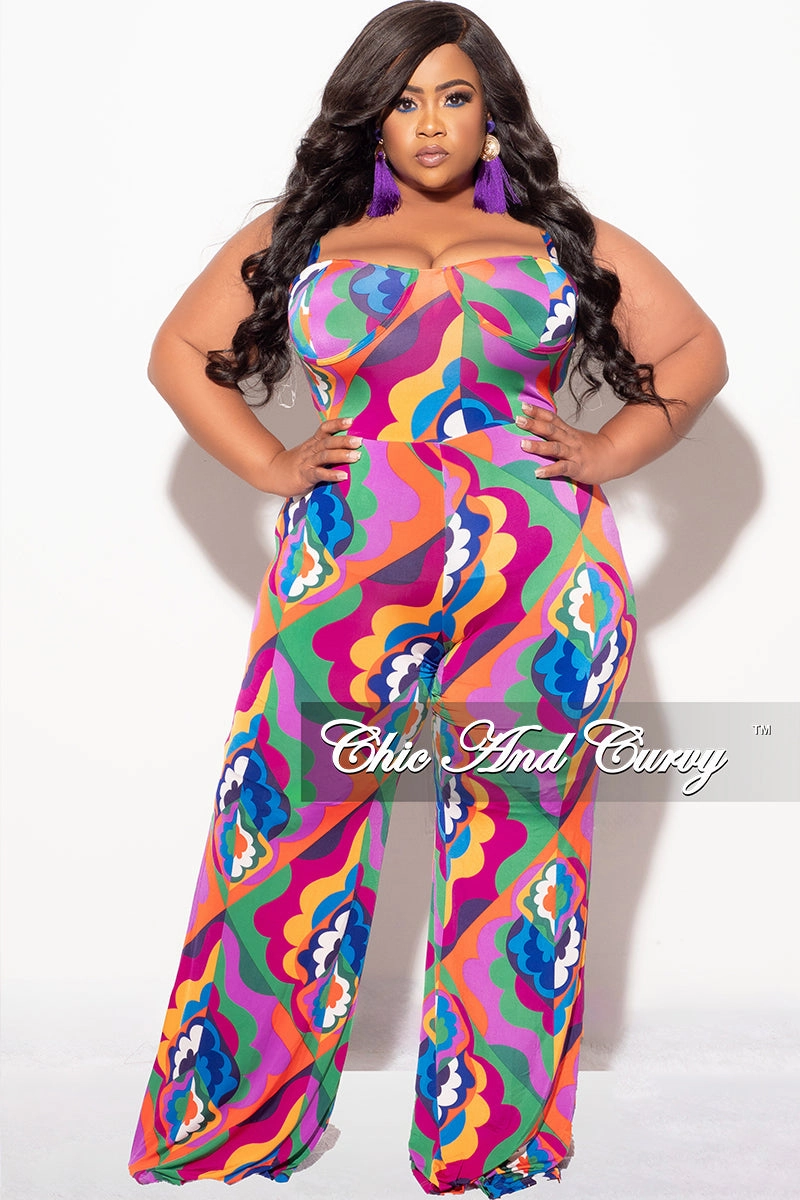 Durable Fabric Performance Gear Final Sale Plus Size Spaghetti Strap Jumpsuit in Multi Design Print