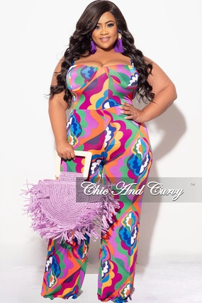 FadeResistant Final Sale Plus Size Spaghetti Strap Jumpsuit in Multi Design Print