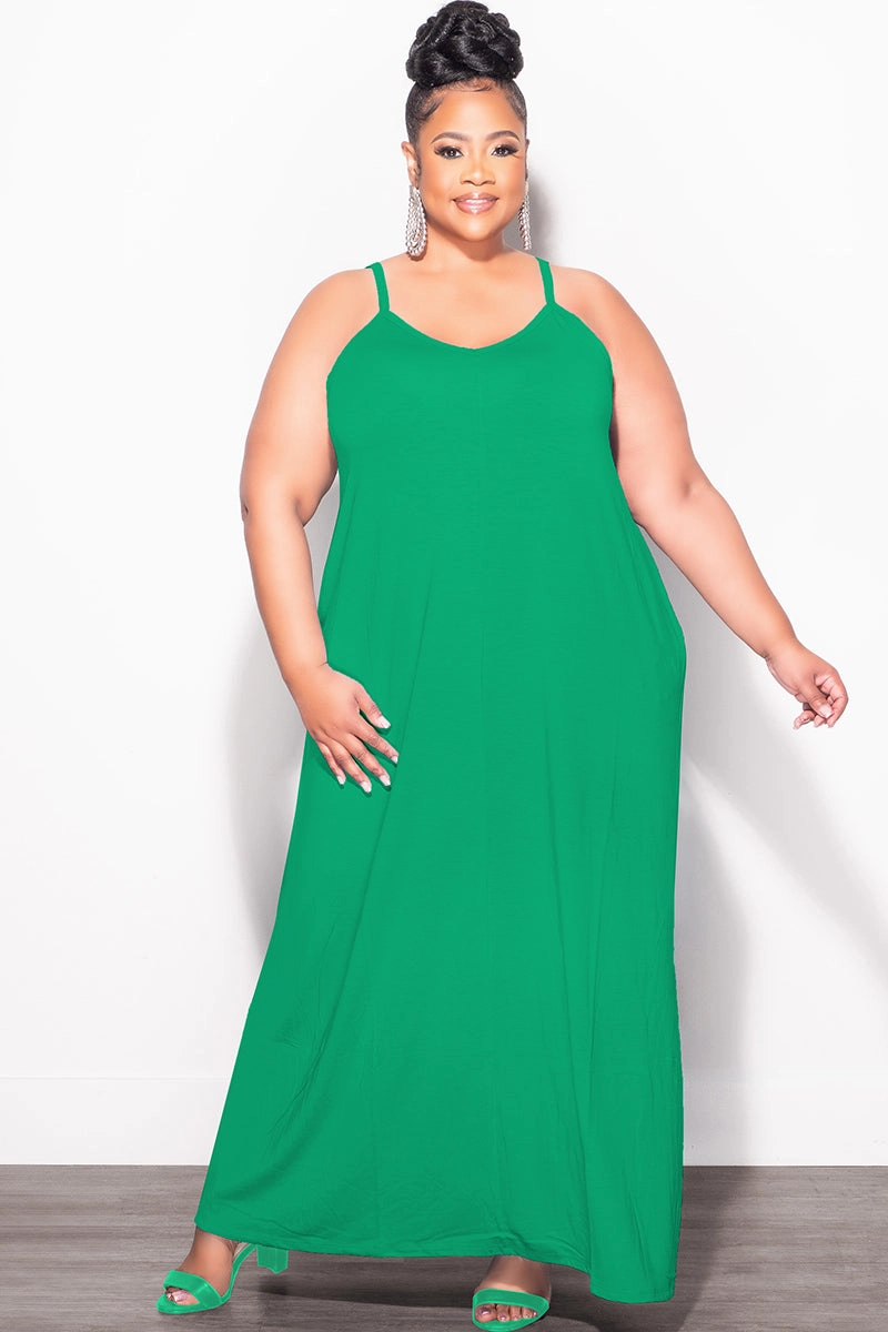Final Sale Plus Size Spaghetti Strap Maxi Dress in Green Simple Utility UVProtection