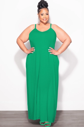 Final Sale Plus Size Spaghetti Strap Maxi Dress in Green Laser Cut Edges