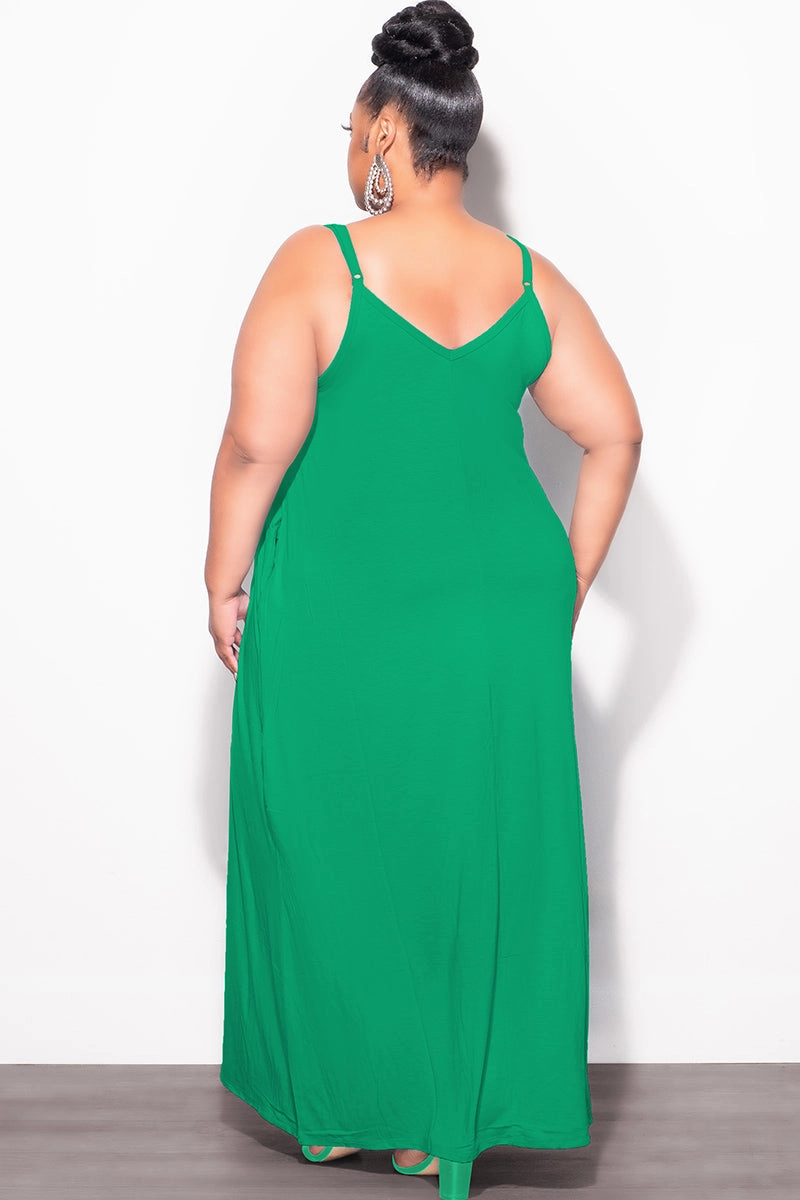 Final Sale Plus Size Spaghetti Strap Maxi Dress in Green Flexible Fabric