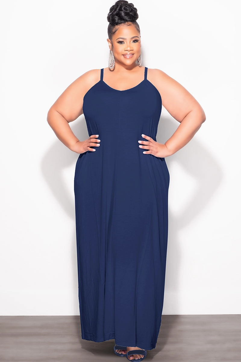 Slim Stretch Fit Final Sale Plus Size Spaghetti Strap Maxi Dress in Navy