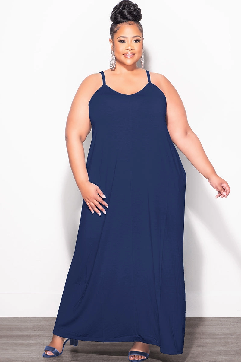 Final Sale Plus Size Spaghetti Strap Maxi Dress in Navy Everyday Comfort Wear Comfort Stretch