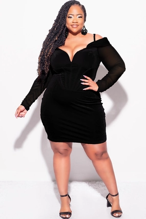 Final Sale Plus Size Spaghetti Strap off the Shoulder Sheer Sleeve Velvet BodyCon Dress in Black Compact Fit Elastic waist