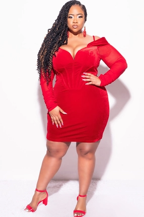 Light Wear Fit Stain Resistant Final Sale Plus Size Spaghetti Strap off the Shoulder Sheer Sleeve Velvet BodyCon Dress in Burgundy