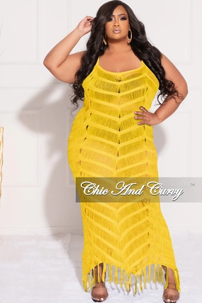 Final Sale Plus Size Spaghetti Strap Open Stitch Crochet Cover Up in Yellow Flexible Leg Tight Waist
