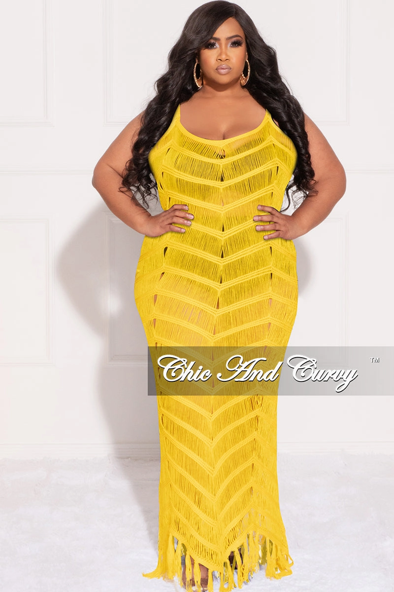 Final Sale Plus Size Spaghetti Strap Open Stitch Crochet Cover Up in Yellow TaglessDesign LightweightDesign