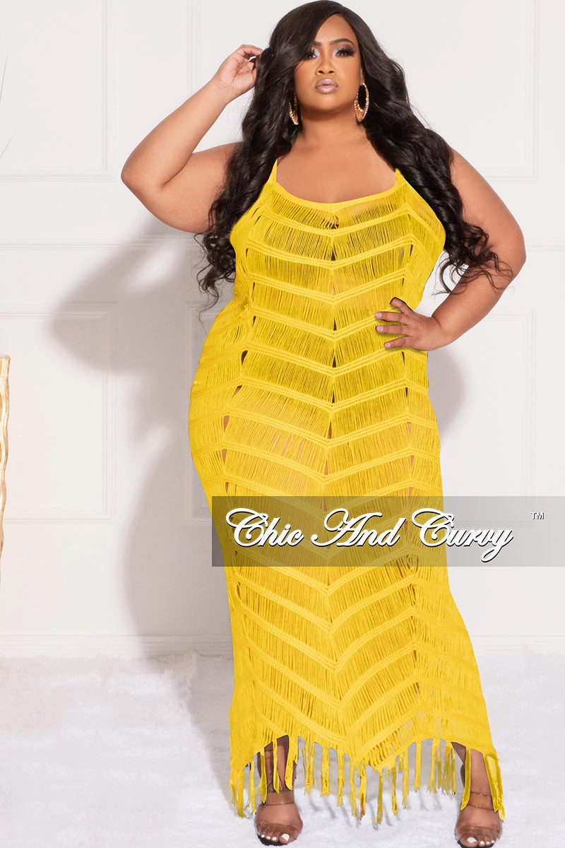 Final Sale Plus Size Spaghetti Strap Open Stitch Crochet Cover Up in Yellow Flexible Leg Tight Waist