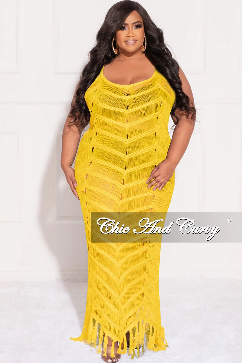 Twill Weave Texture Final Sale Plus Size Spaghetti Strap Open Stitch Crochet Cover Up in Yellow