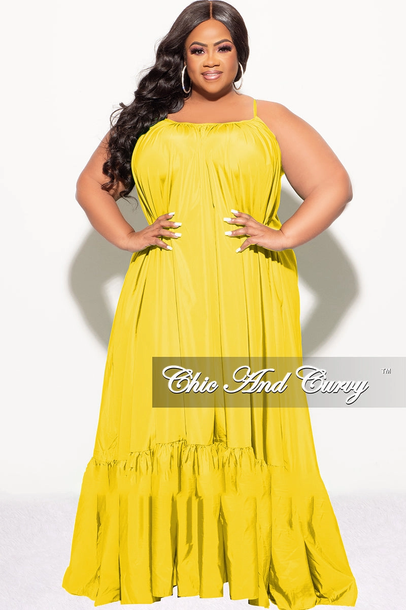 Final Sale Plus Size Spaghetti Strap Peasant Maxi Dress in Yellow Mustard Simple Comfort Sporty Design