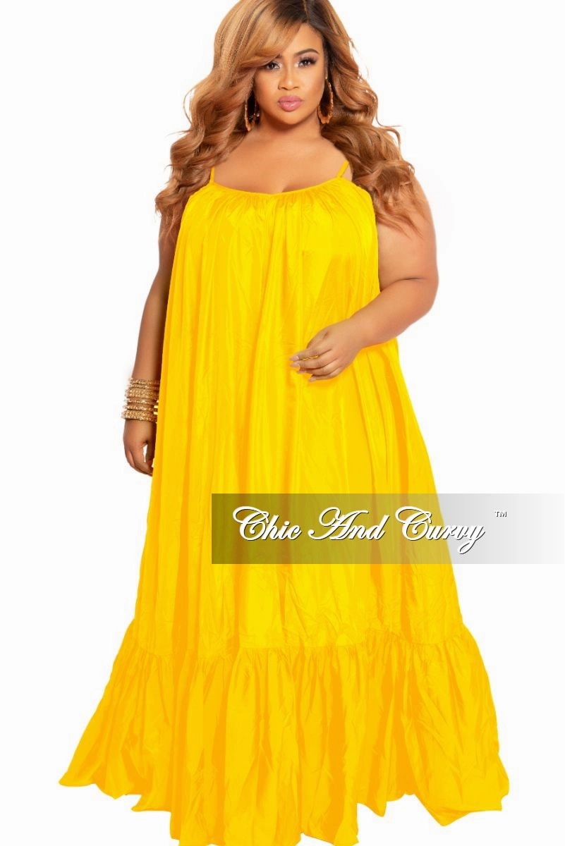 Final Sale Plus Size Spaghetti Strap Peasant Maxi Dress in Yellow Mustard Minimal Waistband Essential Wearable